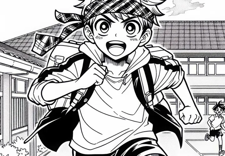 Anak manga dengan sabuk olahraga berlari penuh energi di halaman sekolah - Gambar mewarnai gratis
