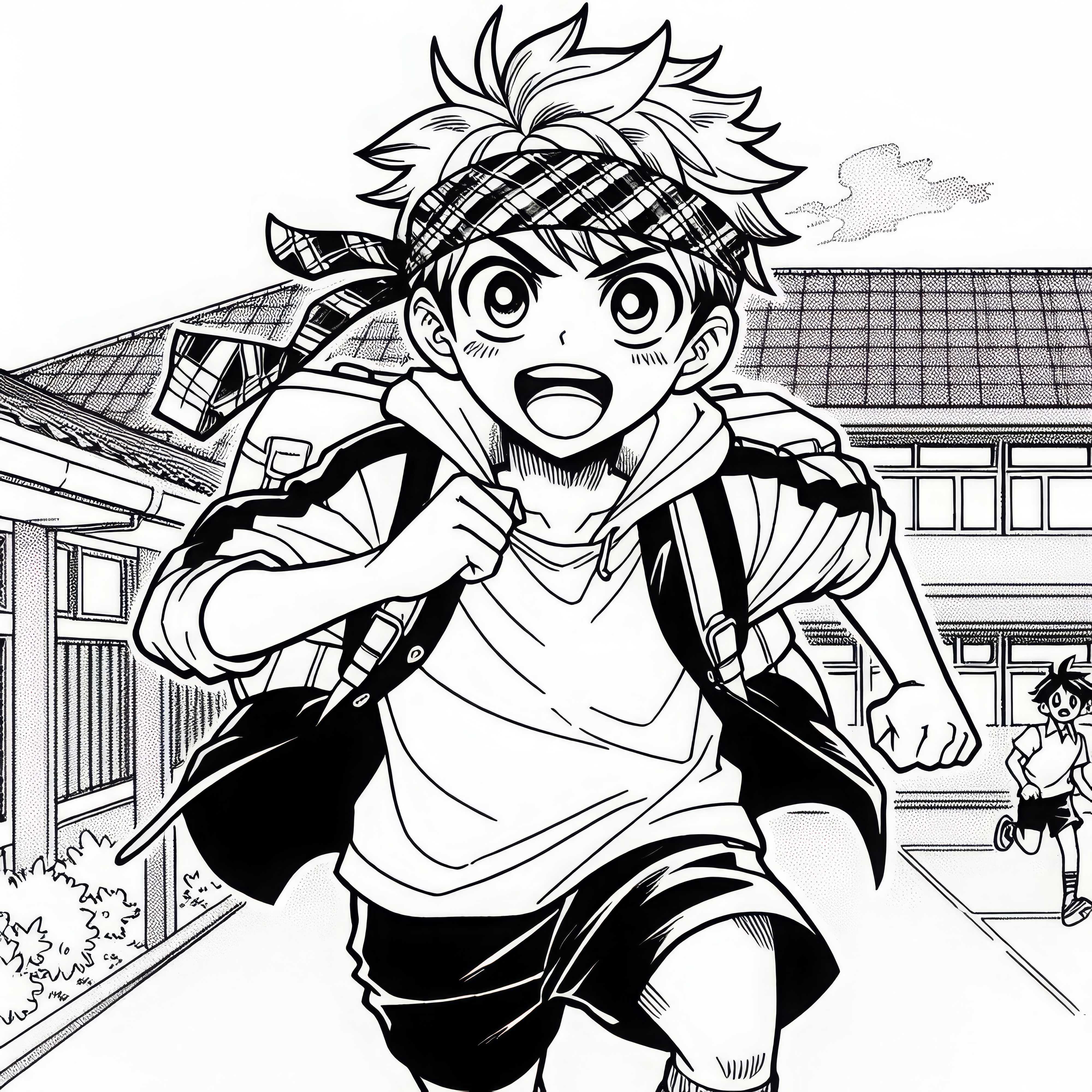 Anak manga dengan bandana olahraga berlari penuh energi di halaman sekolah - Gambar untuk diwarnai gratis