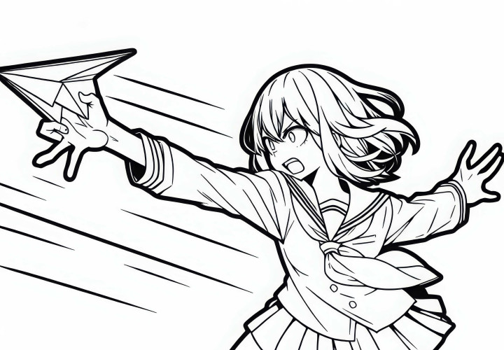 Karakter manga melempar pesawat kertas dengan seluruh tubuh – Gambar untuk diwarnai gratis