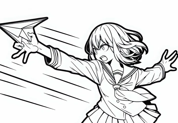Karakter manga melempar pesawat kertas dengan seluruh tubuh – Gambar untuk diwarnai gratis