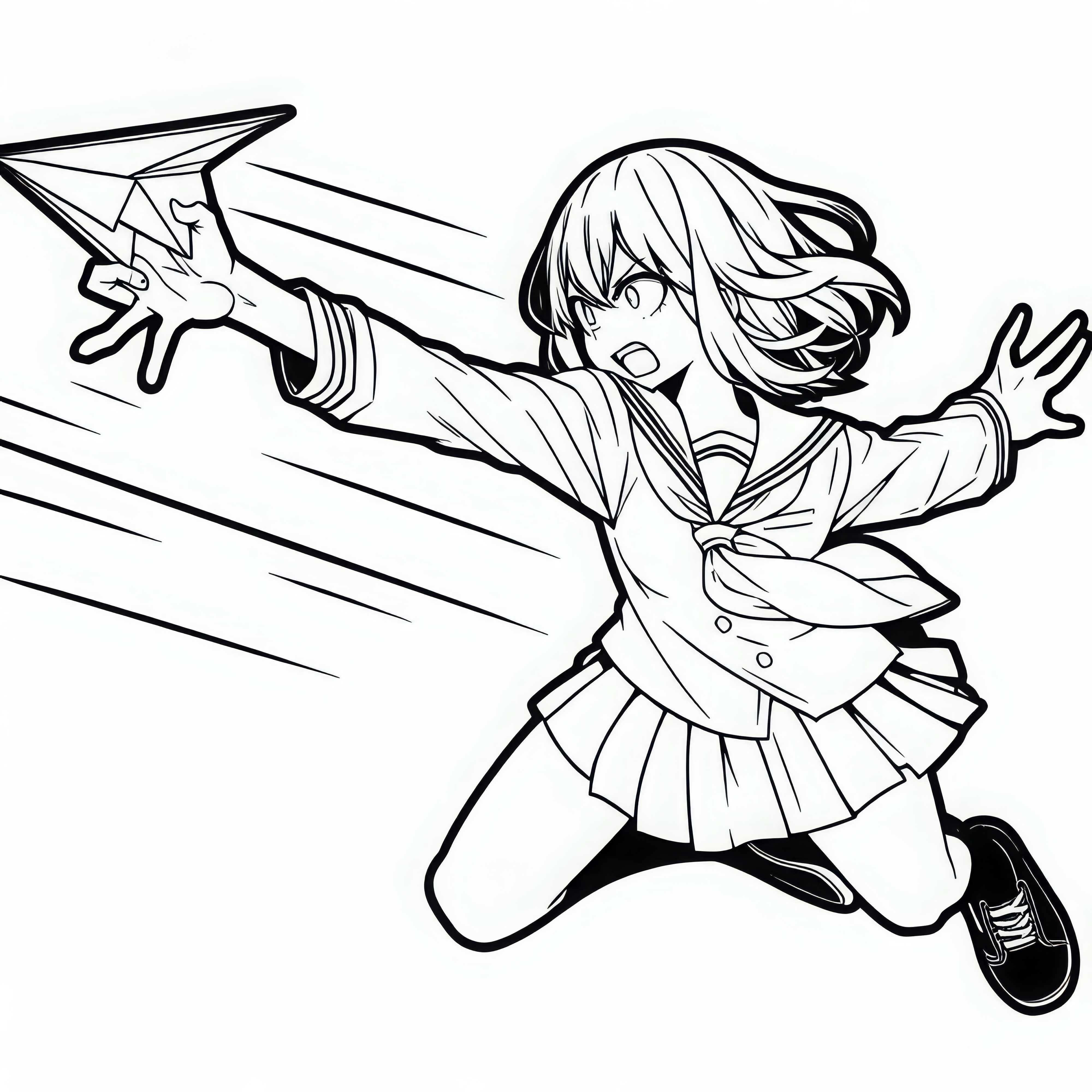 Karakter manga melempar pesawat kertas dengan penuh semangat – Gambar untuk diwarnai gratis