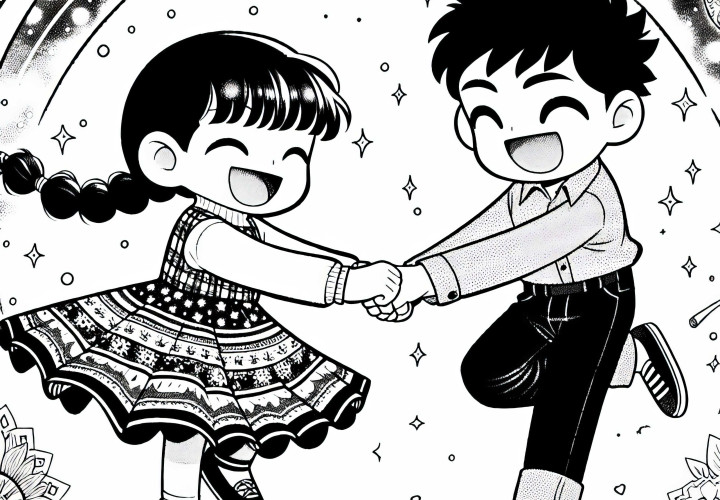 Dua Anak Manga Memegang Tangan, Berputar Sambil Tertawa – Buku Mewarnai Gratis