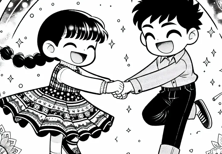 Dua Anak Manga Memegang Tangan, Berputar Sambil Tertawa – Buku Mewarnai Gratis