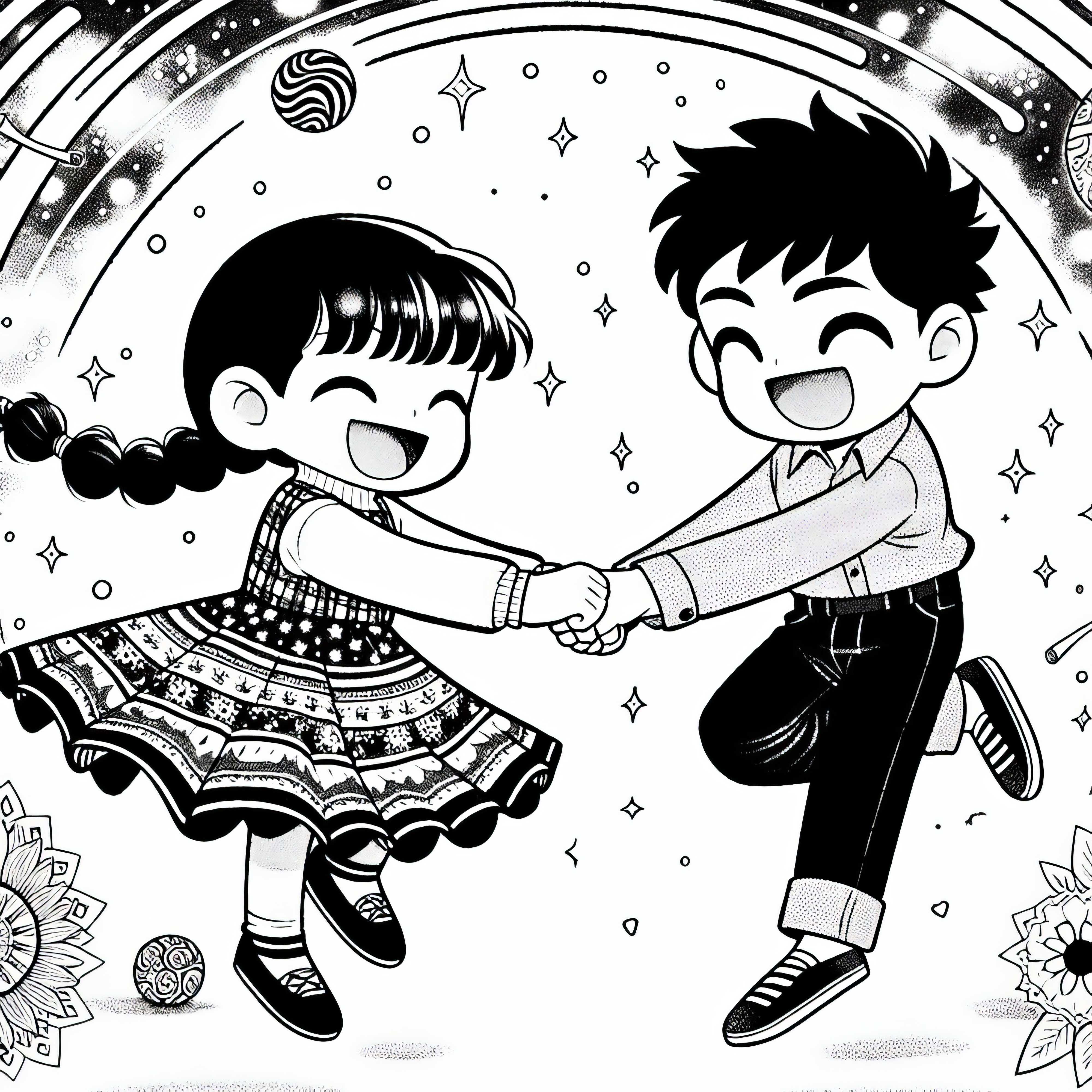Dua anak manga memegang tangan satu sama lain, berputar sambil tertawa dalam lingkaran - Templet mewarnai gratis