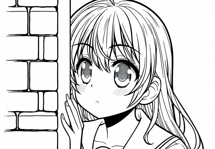 Gadis manga melihat dengan penasaran di sekitar sudut dinding - Gambar mewarnai gratis