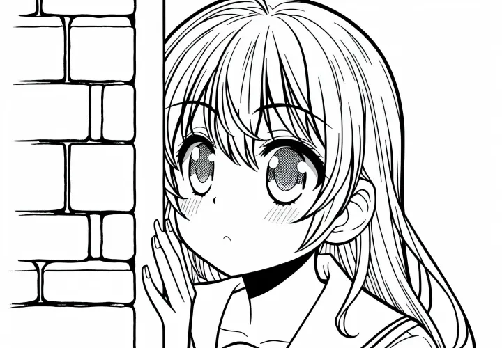 Gadis manga melihat dengan penasaran di sekitar sudut dinding - Gambar mewarnai gratis