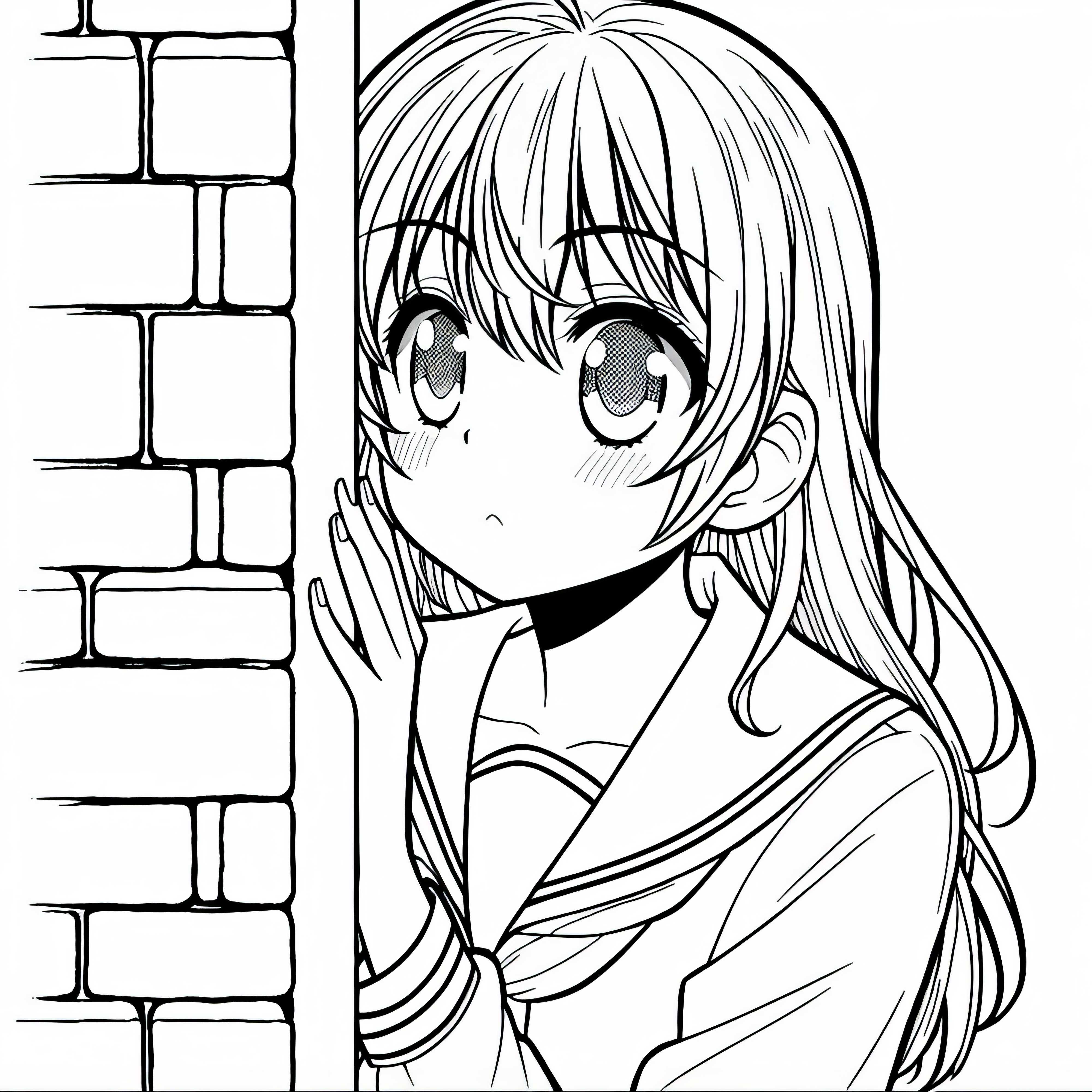 Gadis manga melihat dengan penasaran di sekitar sudut tembok - Gambar mewarnai gratis