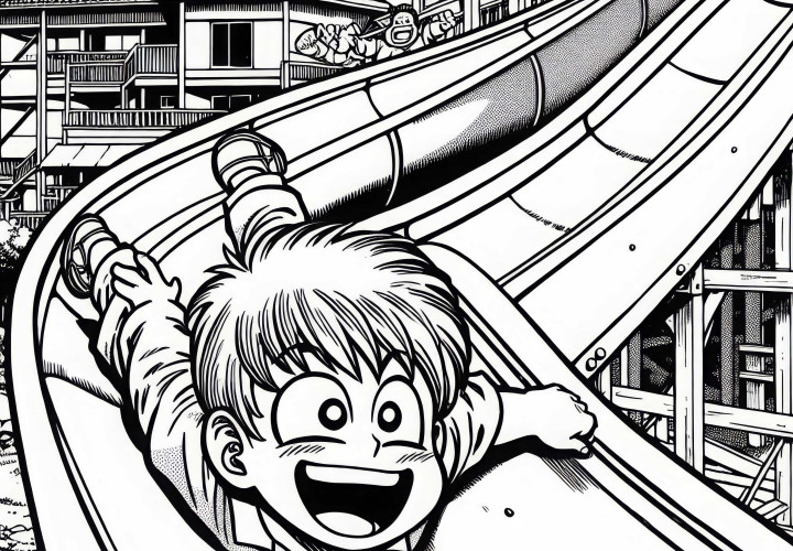 Anak manga meluncur dengan ceria dari seluncuran panjang - Template menggambar gratis