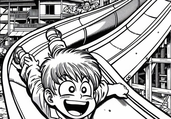Anak manga meluncur dengan ceria dari seluncuran panjang - Template menggambar gratis