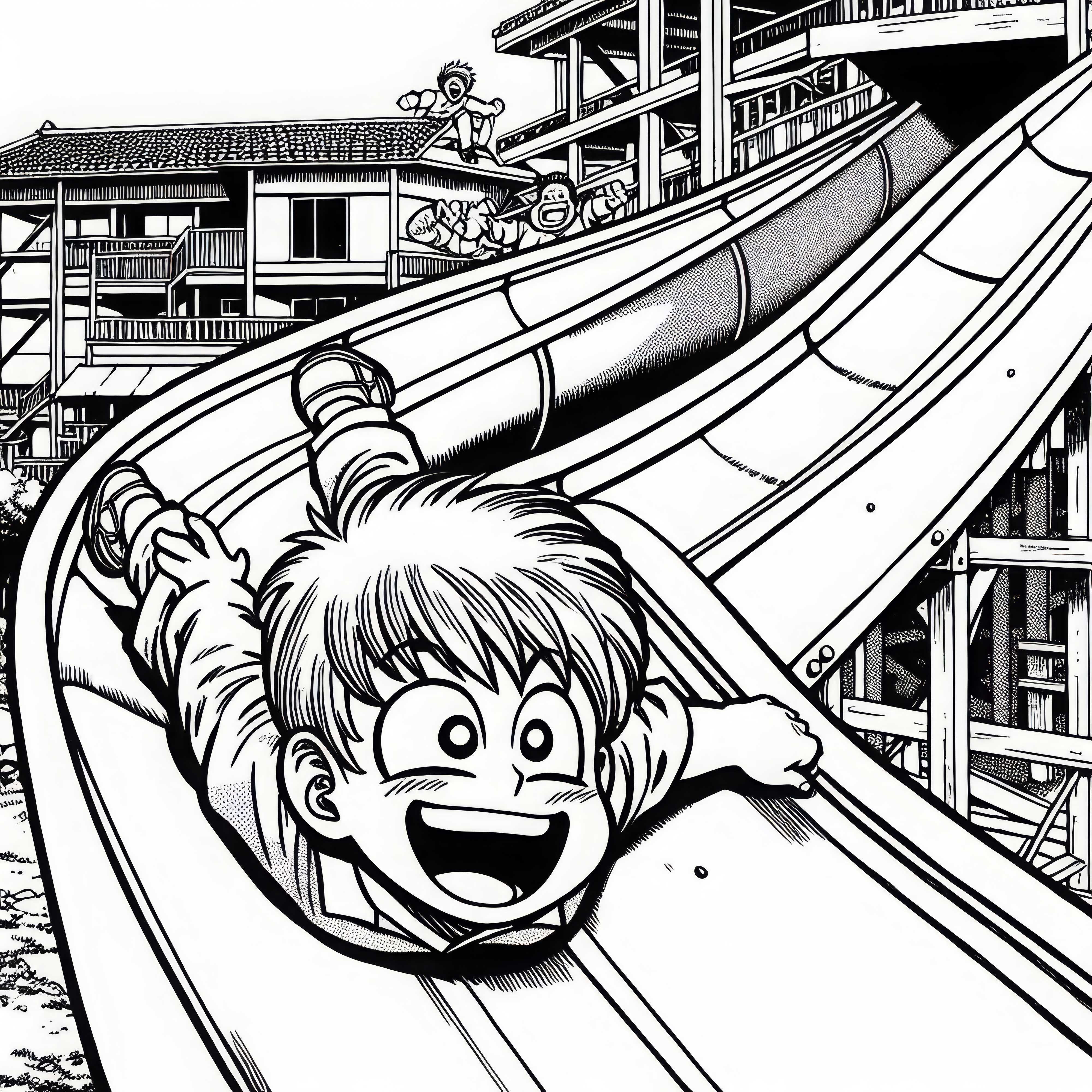 Anak manga meluncur dengan ceria di seluncuran panjang - Template mewarnai gratis