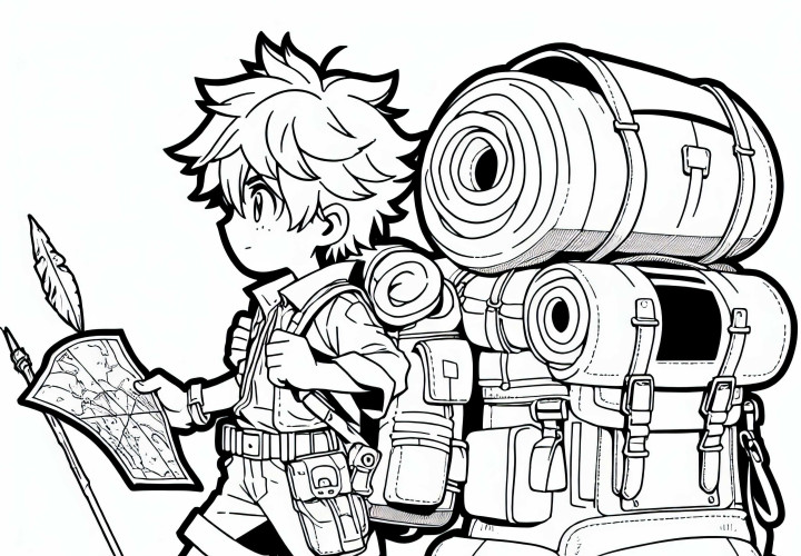 Anak manga dengan ransel besar dan peta sedang berpetualang (Gambar untuk diwarnai gratis)