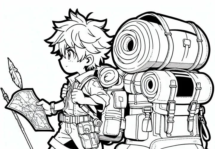 Anak manga dengan ransel besar dan peta sedang berpetualang (Gambar untuk diwarnai gratis)