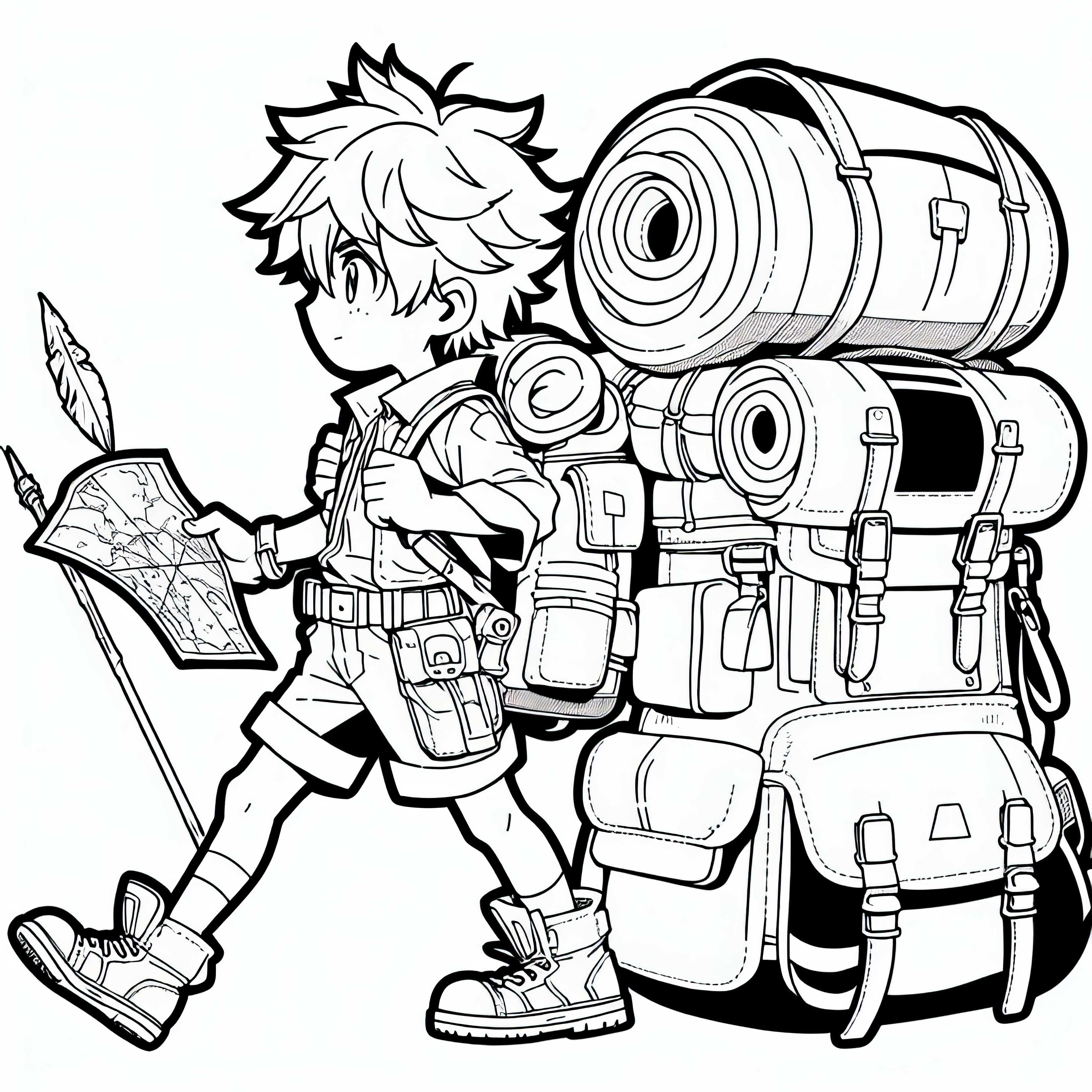 Manga-anak dengan ransel raksasa dan peta dalam petualangan penemuan (Gambar cat bebas)