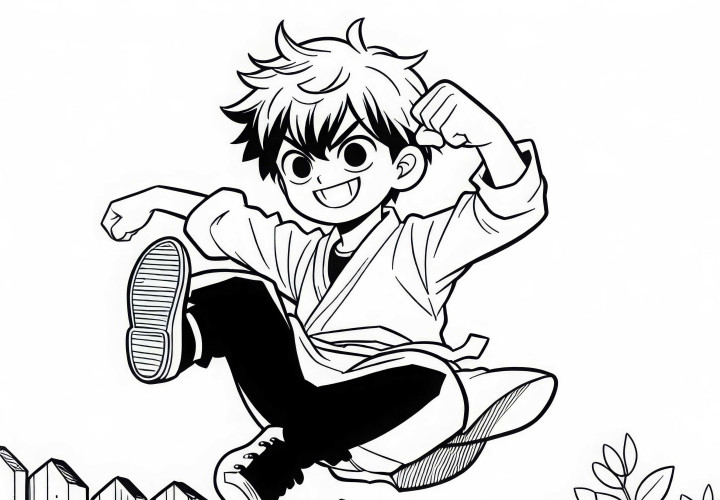 Anak manga melompat dengan lincah melewati pagar dan tersenyum nakal - Template gambar gratis