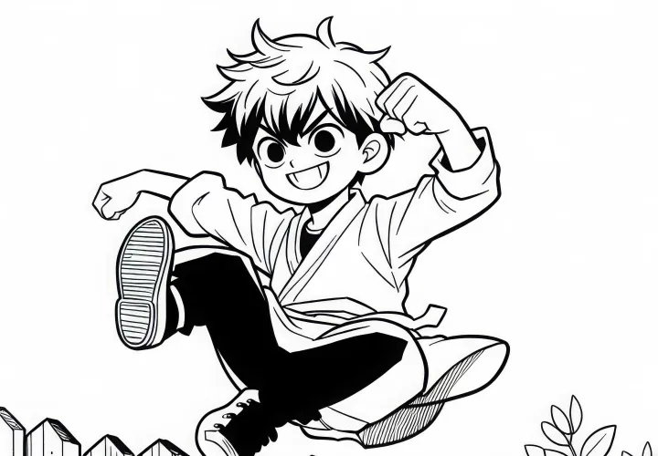 Anak manga melompat dengan lincah melewati pagar dan tersenyum nakal - Template gambar gratis