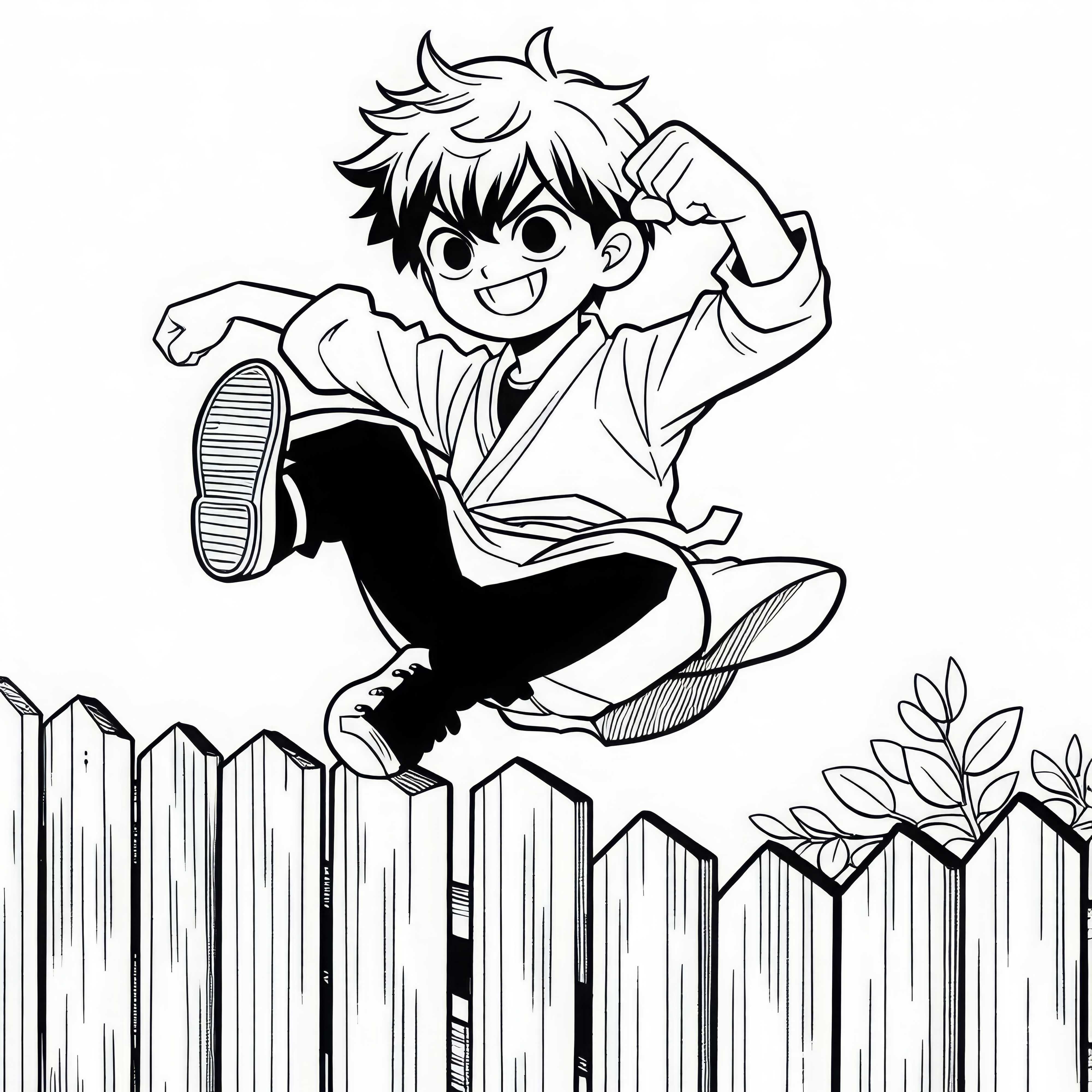 Anak manga melompat dengan lincah melewati pagar dan tersenyum nakal - Cetakan gambar gratis