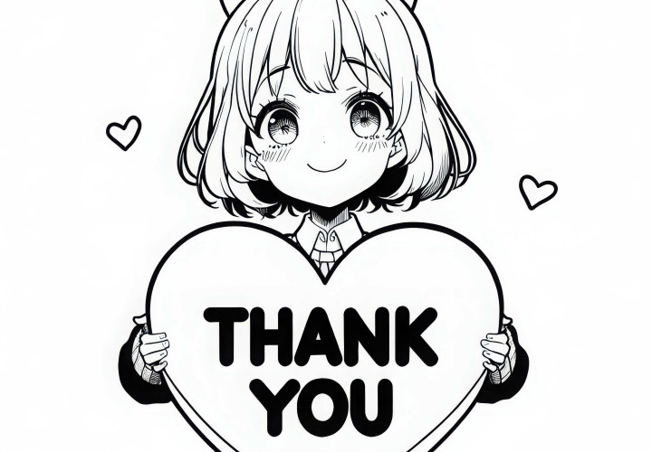 Gadis manga dengan bangga memegang hati besar bertuliskan "Thank You" – Gambar untuk diwarnai gratis