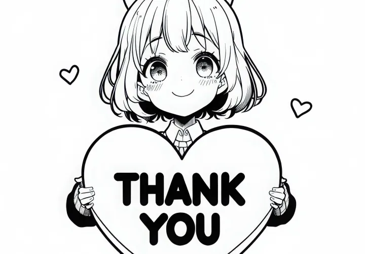 Gadis manga dengan bangga memegang hati besar bertuliskan "Thank You" – Gambar untuk diwarnai gratis