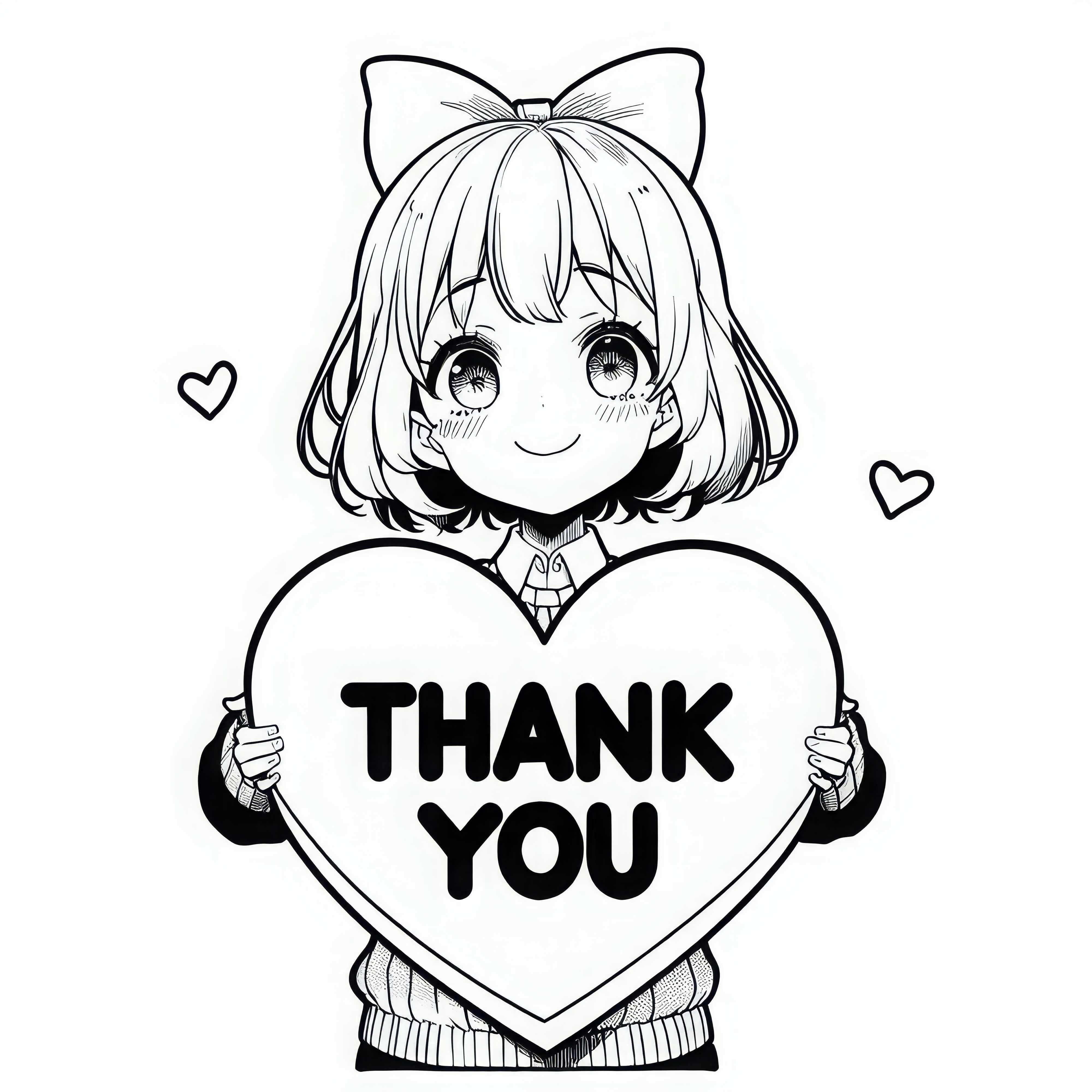 Gadis manga memegang dengan bangga hati besar bertuliskan "Terima Kasih" - Gambar mewarnai gratis