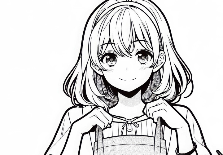 Gadis manga mengenakan apron masak - Gambar untuk diwarnai gratis