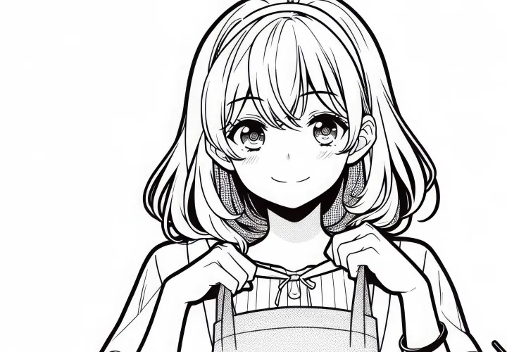 Gadis manga mengenakan apron masak - Gambar untuk diwarnai gratis
