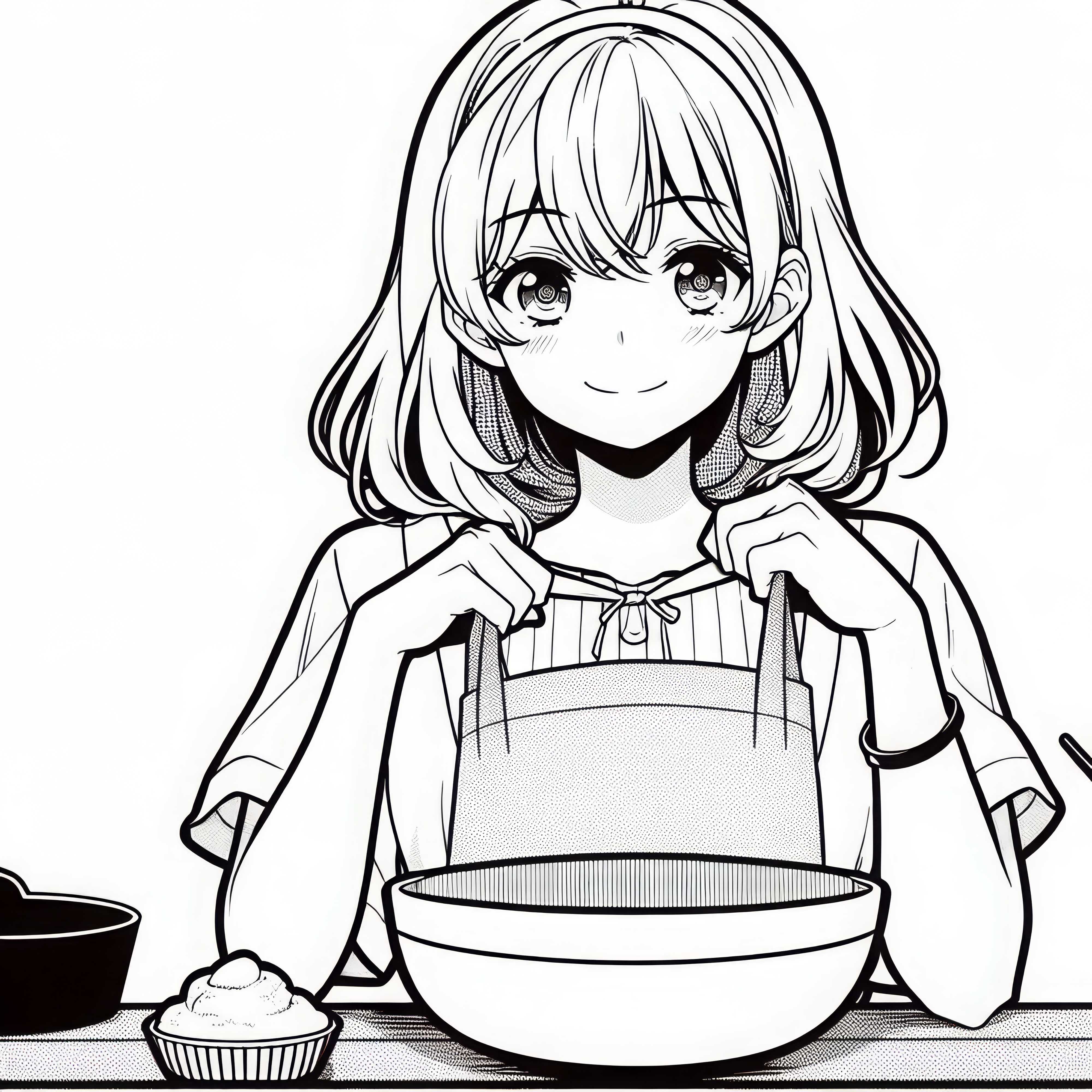 Gadis manga mengenakan apron dapur - Gambar untuk diwarnai gratis