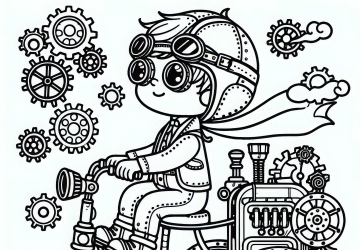 Anak laki-laki dengan kacamata penerbang di trike bertenaga uap dengan roda gigi - Template mewarnai Steampunk gratis