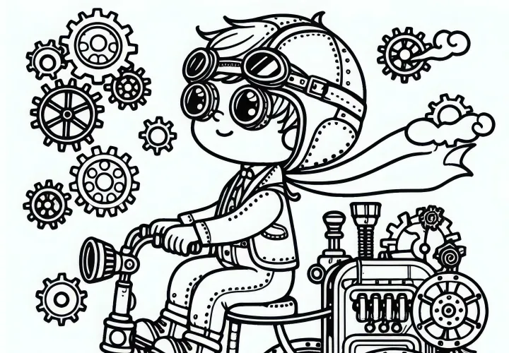Anak laki-laki dengan kacamata penerbang di trike bertenaga uap dengan roda gigi - Template mewarnai Steampunk gratis