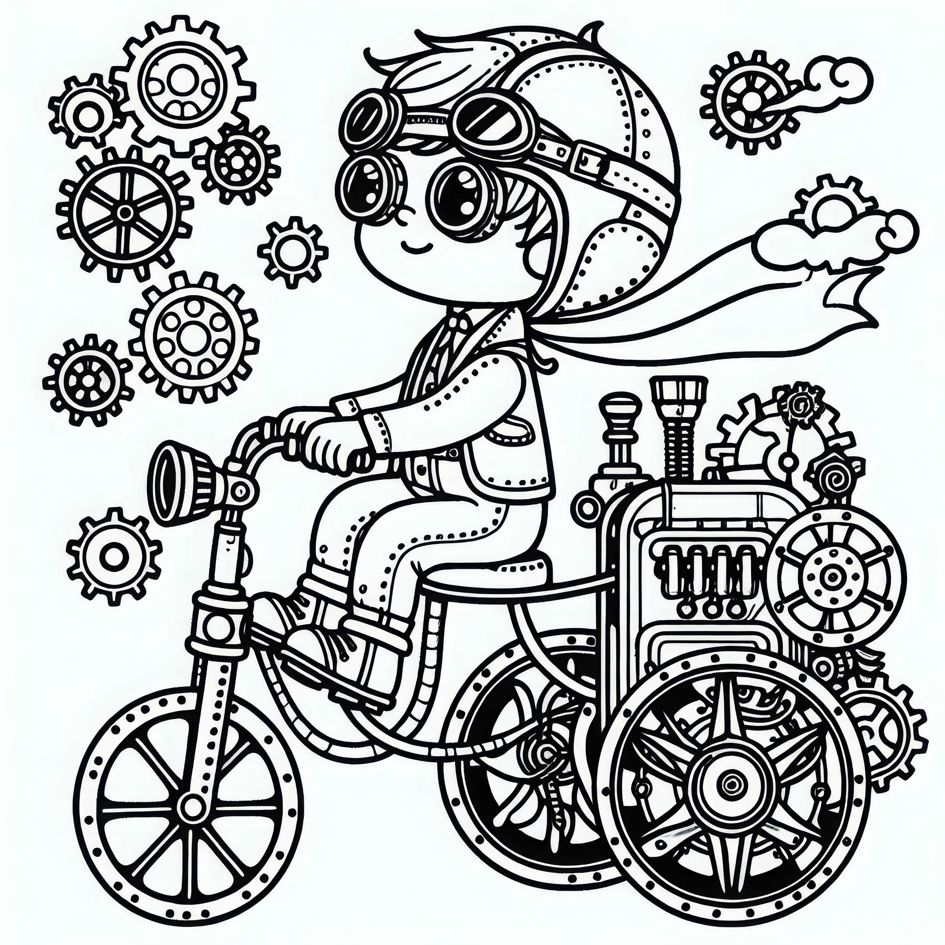 Anak laki-laki dengan kacamata penerbang di sepeda roda tiga bertenaga uap dengan roda gigi - Template mewarnai Steampunk gratis