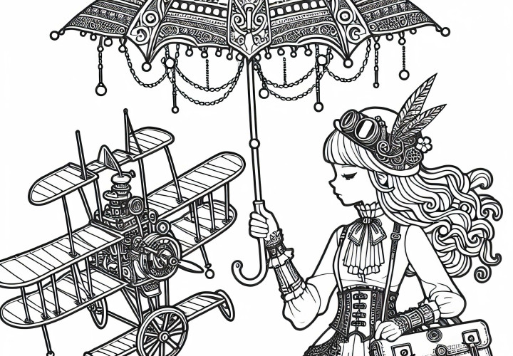 Gadis dalam gaun steampunk memegang payung mekanis - Gambar untuk diwarnai gratis