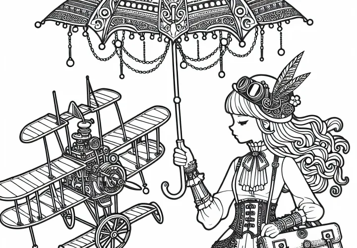 Gadis dalam gaun steampunk memegang payung mekanis - Gambar untuk diwarnai gratis