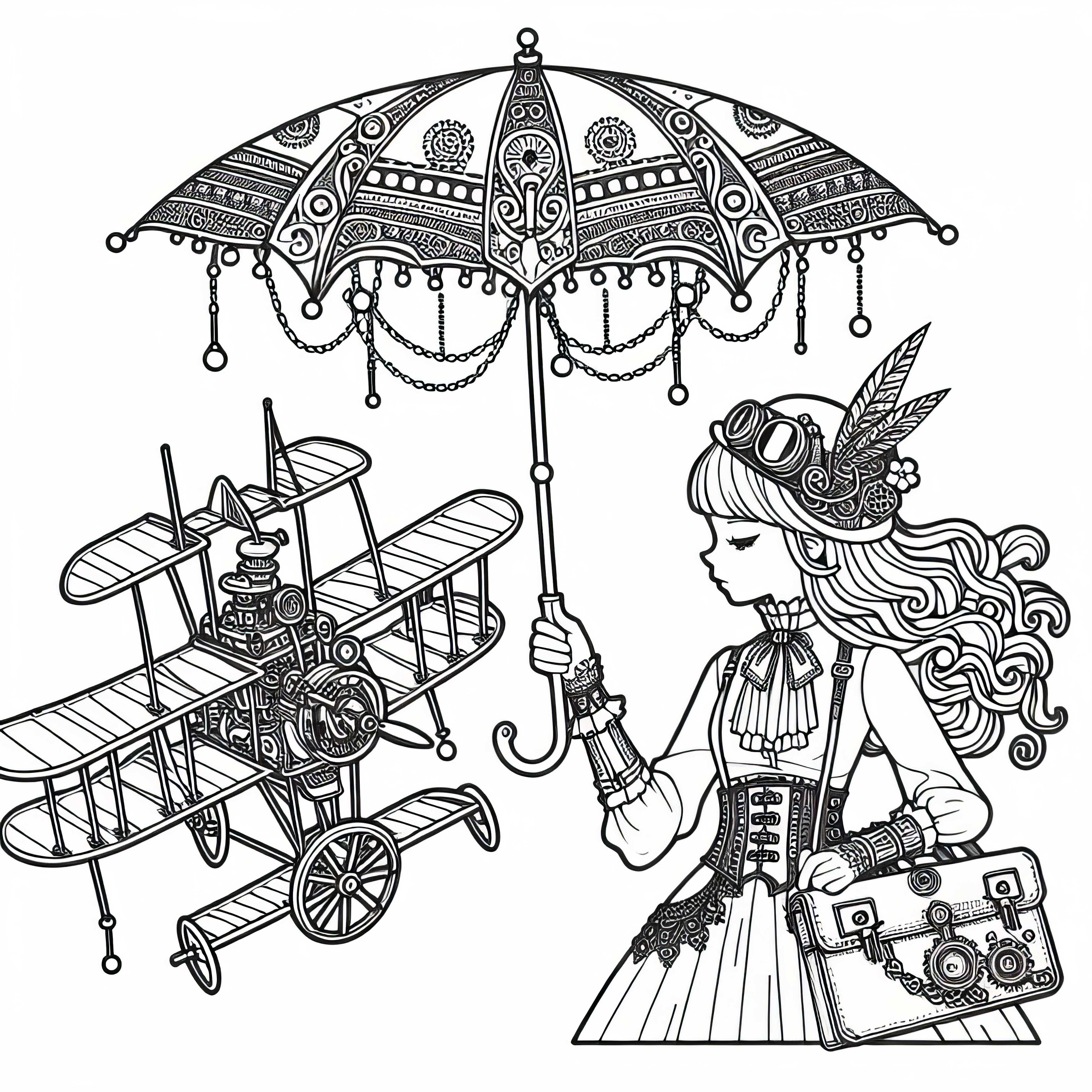 Gadis dalam gaun steampunk membawa payung mekanik - Gambar mewarnai gratis