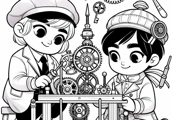 Dua anak membangun mainan jam mekanik dengan roda gigi - Template mewarnai bergaya Steampunk Gratis
