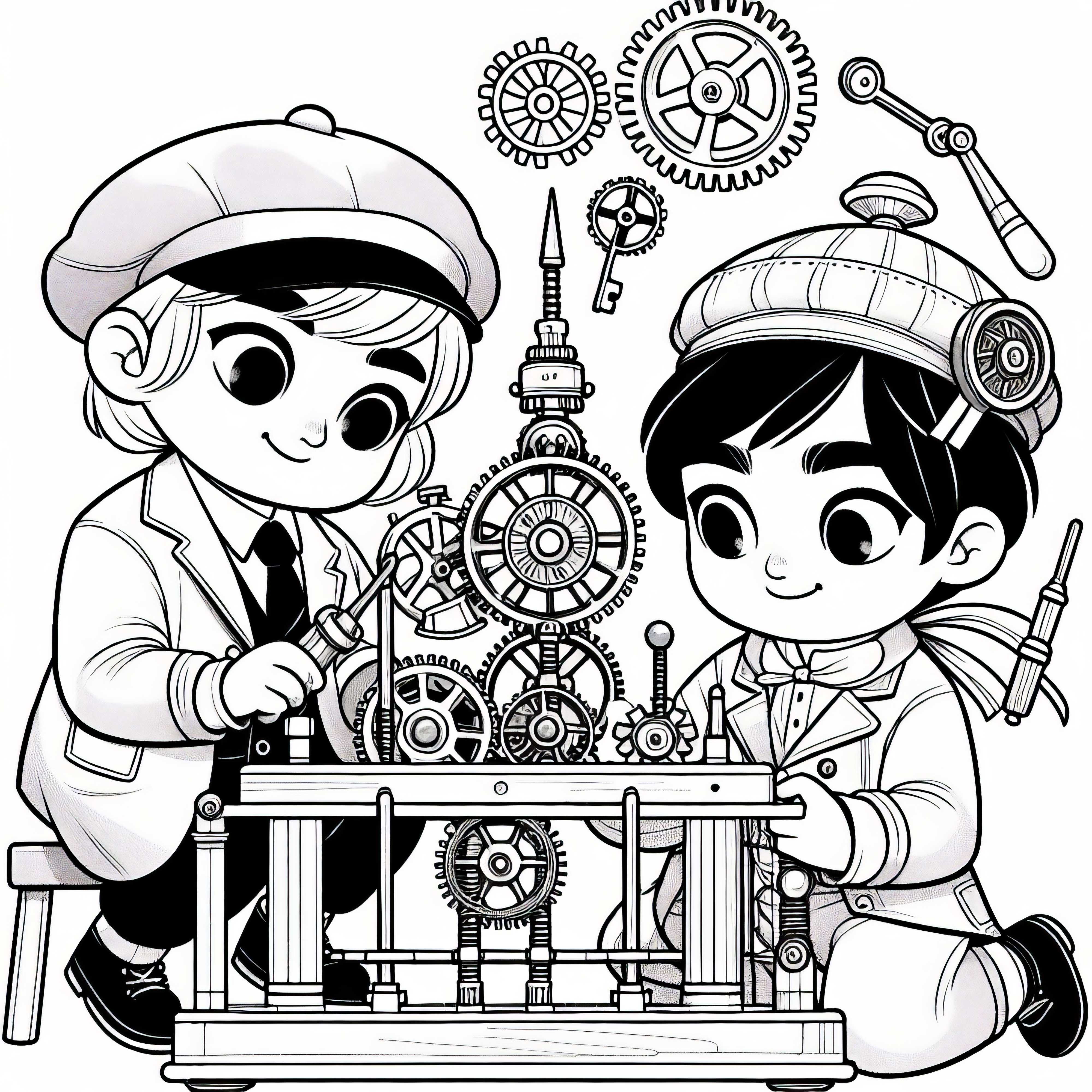 Dua anak membangun mainan jam dengan roda gigi - Cetakan gambar gaya steampunk gratis