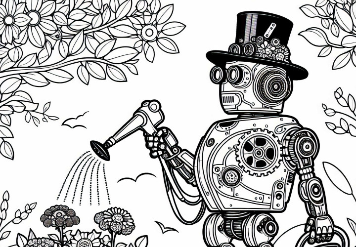 Robot steampunk membantu menyiram bunga di taman Victoria sebagai template mewarnai