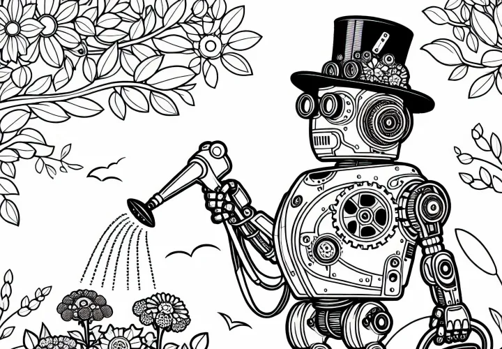 Robot steampunk membantu menyiram bunga di taman Victoria sebagai template mewarnai