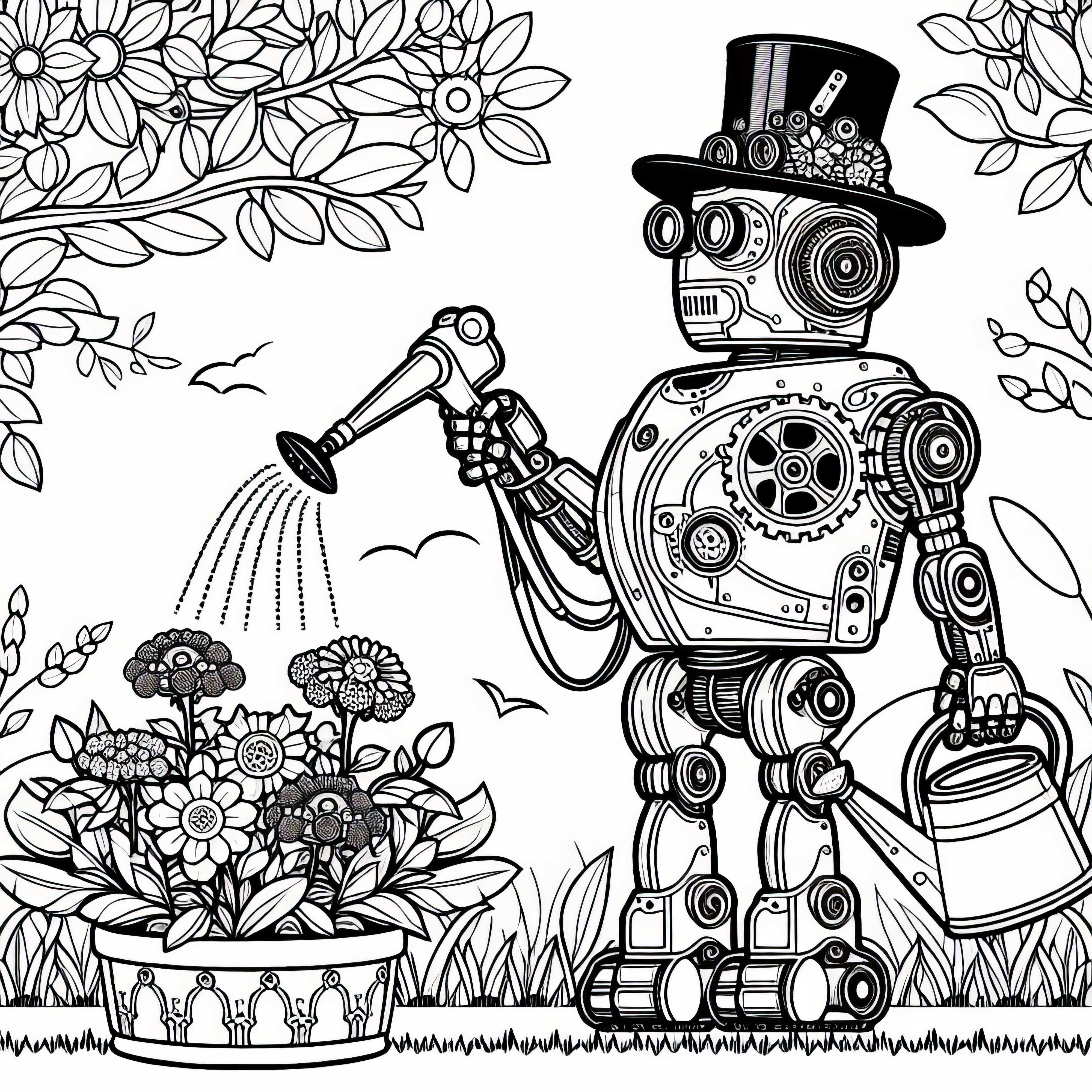 Robot Steampunk membantu menyiram bunga di taman Victoria sebagai template mewarnai
