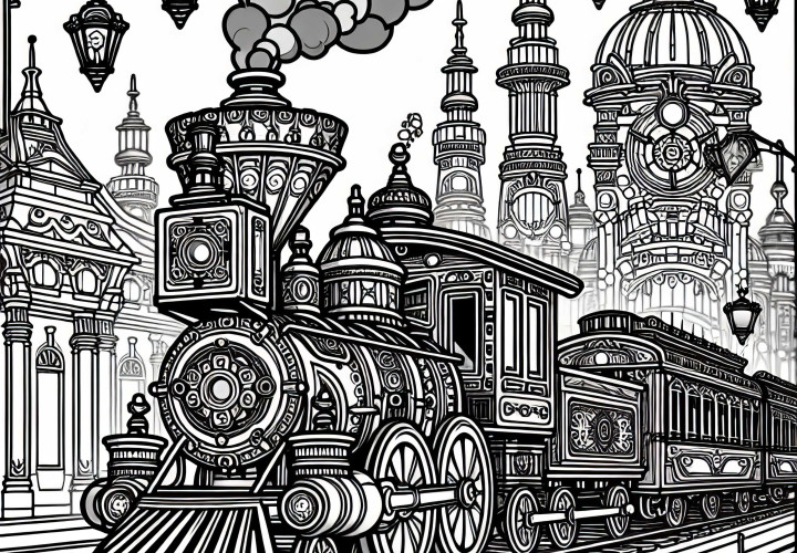 Lokomotif uap dengan desain menarik melintasi kota - Halaman mewarnai Steampunk gratis
