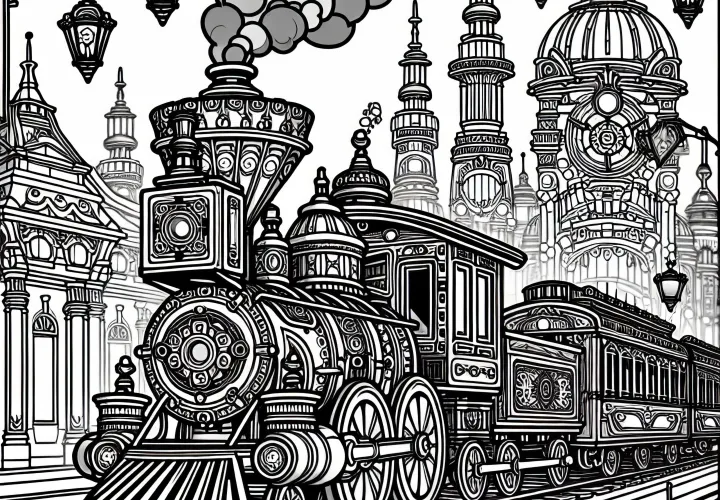 Lokomotif uap dengan desain menarik melintasi kota - Halaman mewarnai Steampunk gratis