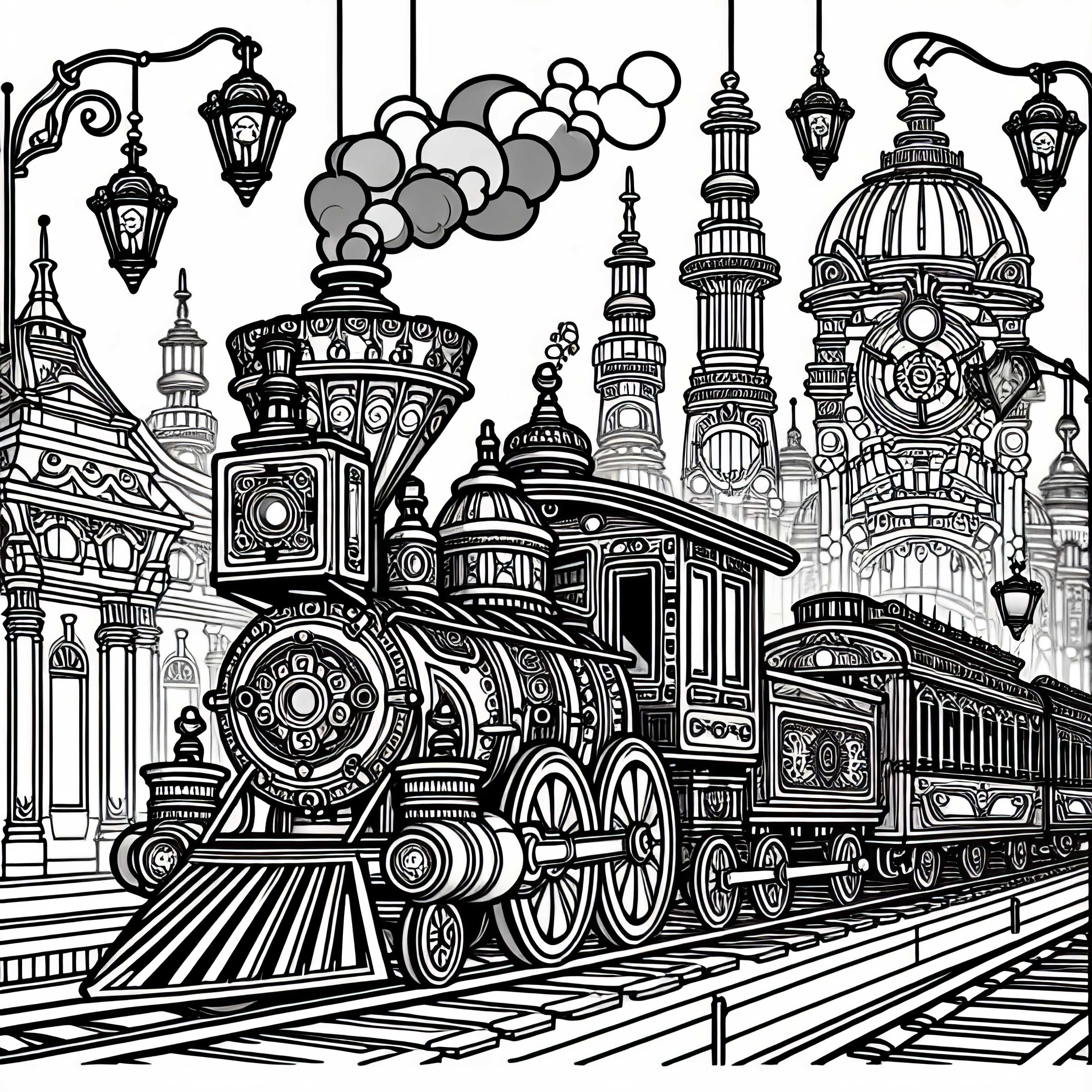 Lokomotif uap dengan desain yang indah melintasi kota – Template mewarnai Steampunk gratis