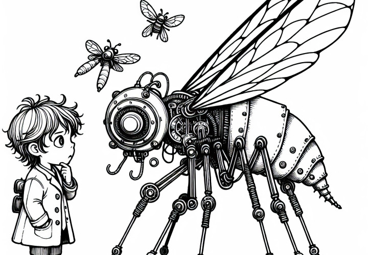 Kind dengan penuh rasa ingin tahu mengamati serangga mekanis dengan sayap dari kawat - Gambar mewarnai Steampunk gratis