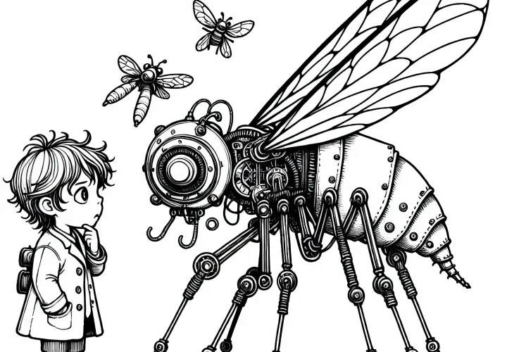 Kind dengan penuh rasa ingin tahu mengamati serangga mekanis dengan sayap dari kawat - Gambar mewarnai Steampunk gratis