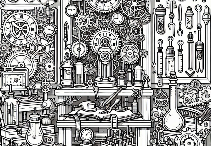 Bengkel jam penuh dengan roda gigi, alat, dan penemuan kecil – Gambar mewarnai bergaya Steampunk