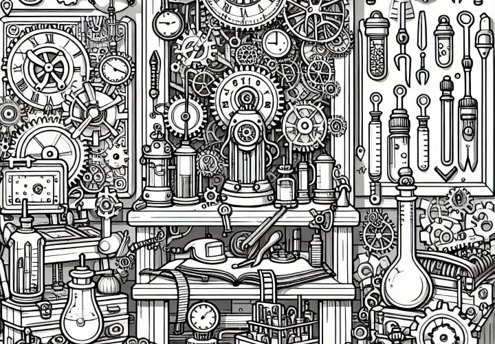 Bengkel jam penuh dengan roda gigi, alat, dan penemuan kecil – Gambar mewarnai bergaya Steampunk