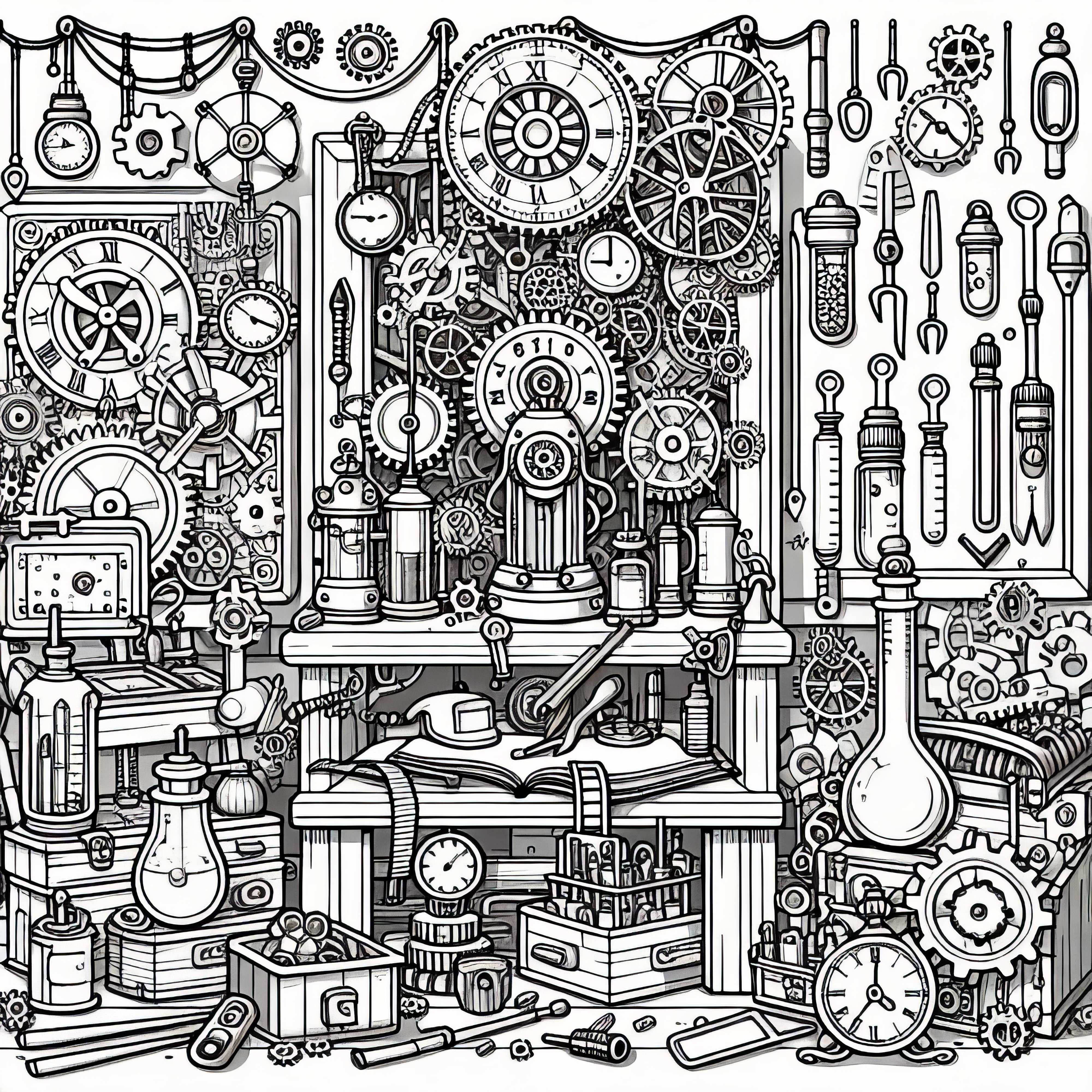 Bengkel jam penuh dengan roda gigi, alat, dan penemuan kecil – Template untuk diwarnai dalam gaya steampunk