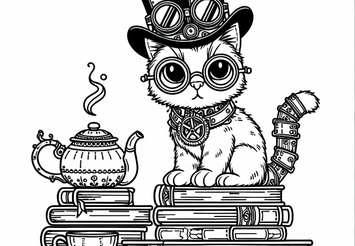 Kucing steampunk dengan topi silinder dan kacamata duduk di tumpukan buku di samping ketel teh