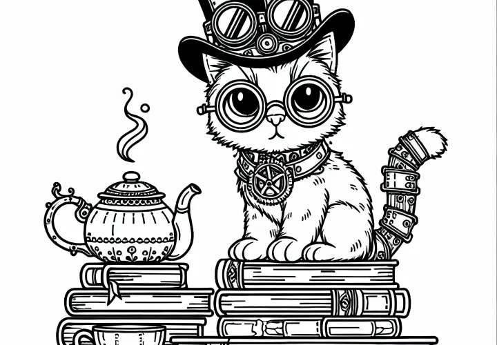 Kucing steampunk dengan topi silinder dan kacamata duduk di tumpukan buku di samping ketel teh