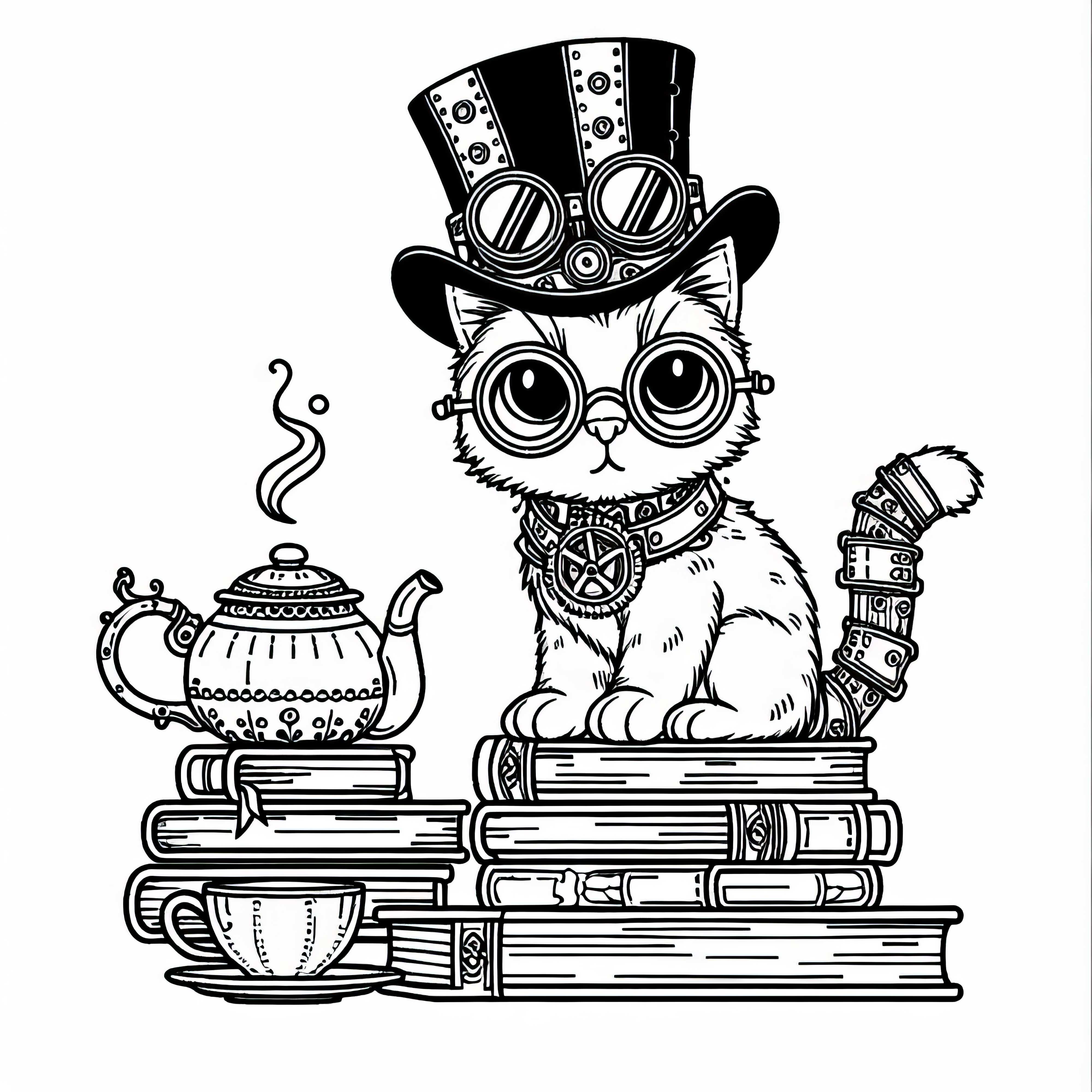 Kucing steampunk dengan topi silinder dan kacamata duduk di tumpukan buku di samping ceret teh