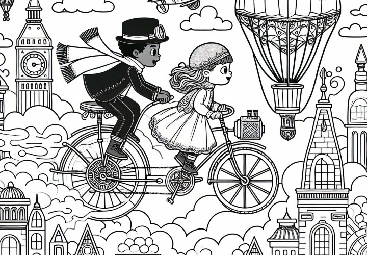 Dua anak terbang dengan sepeda melalui kota awan - Buku gambar Steampunk gratis