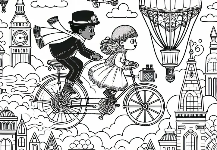 Dua anak terbang dengan sepeda melalui kota awan - Buku gambar Steampunk gratis